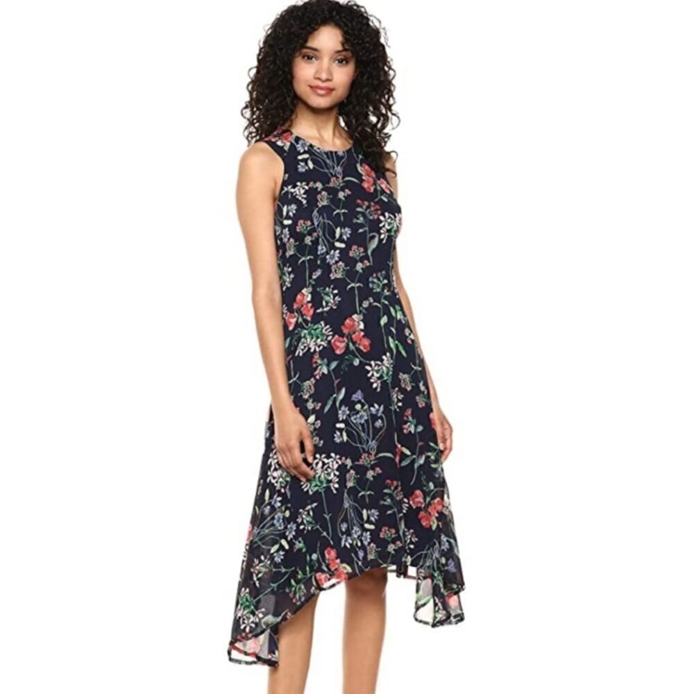 Tommy Hilfiger Navy Floral Hi-Low Midi Dress 10 Trapeze Chic Resort  Boho